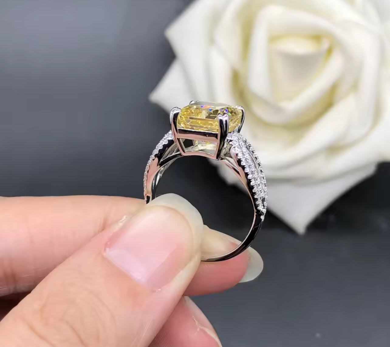 18K White Gold Cushion Cut Yellow Diamond Ring