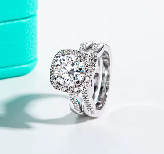 3CT Moissanite Halo Silver Engagement Ring Set