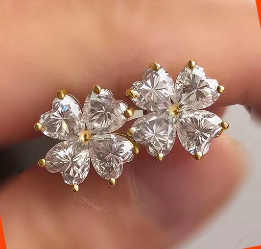 Clover / Heart Cut Moissanite Silver Gold Stud Earrings