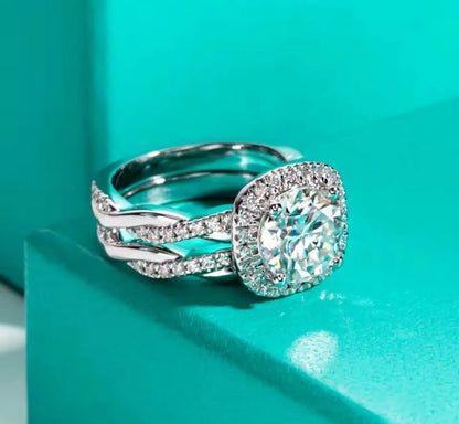 3CT Moissanite Halo Silver Engagement Ring Set