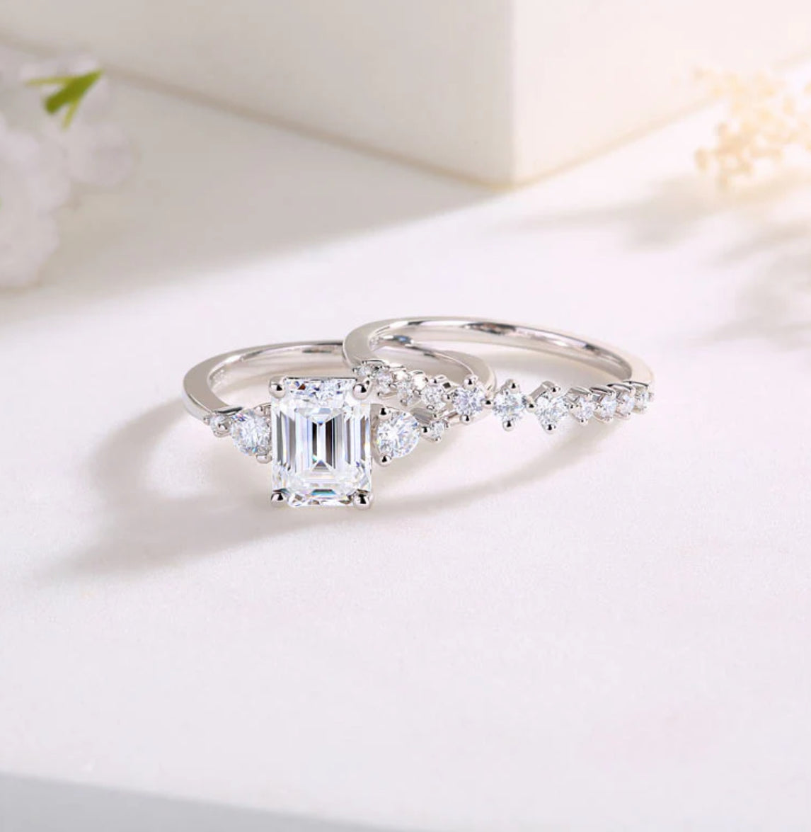 2CT Emerald Cut Luxury Moissanite Silver Ring Set