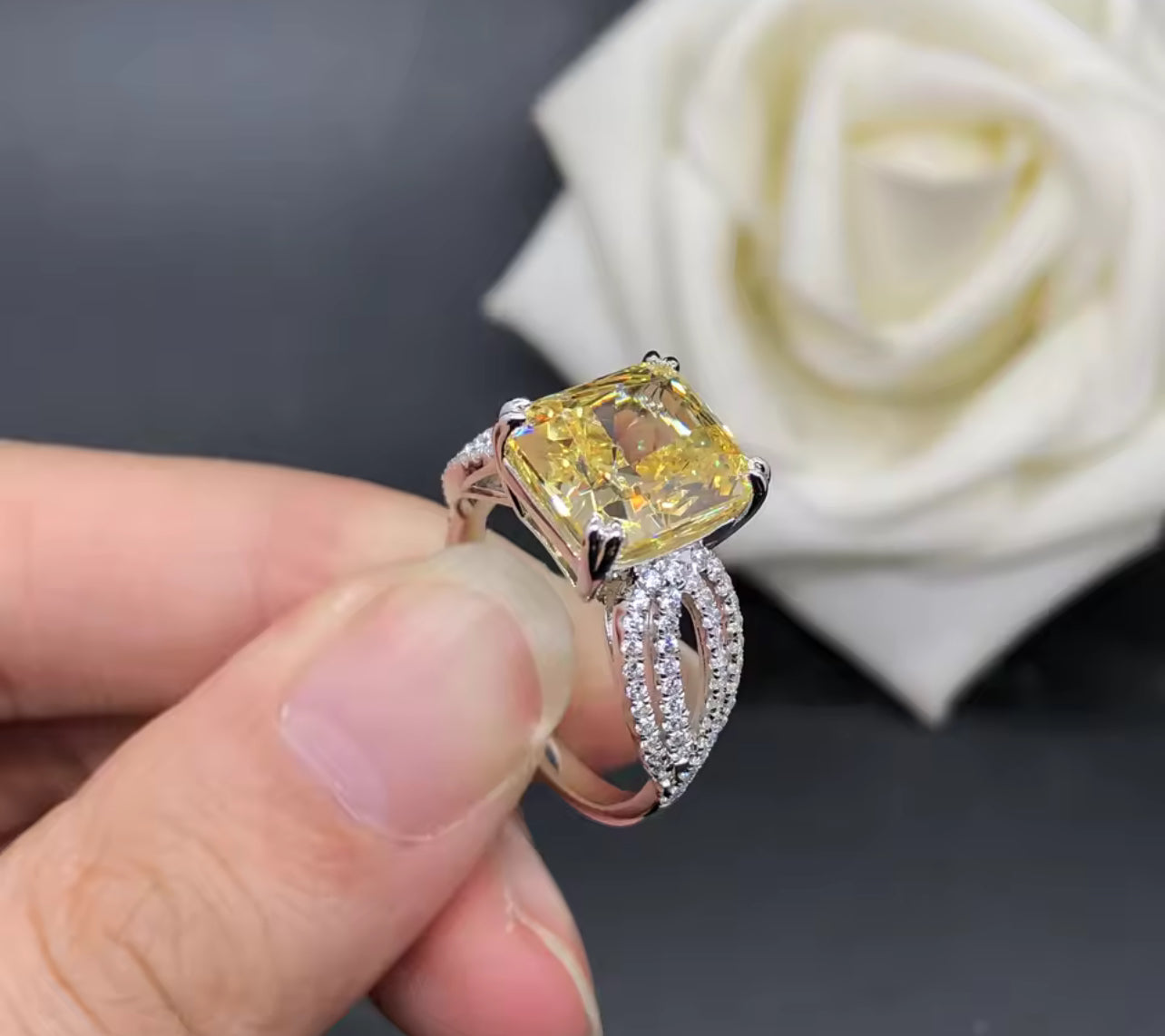 18K White Gold Cushion Cut Yellow Diamond Ring