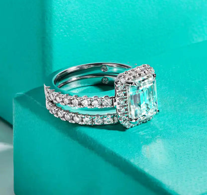 3CT Emerald Cut Silver Moissanite Engagement Ring Set