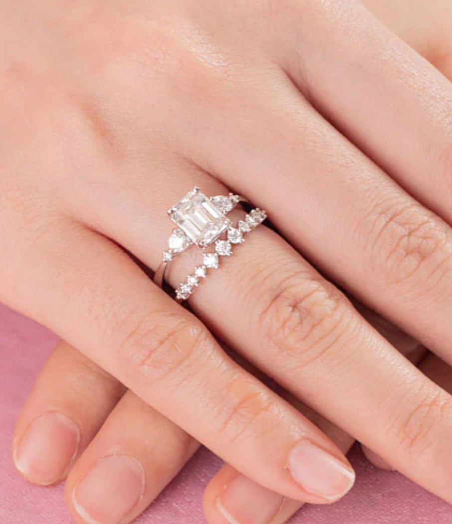 2CT Emerald Cut Luxury Moissanite Silver Ring Set