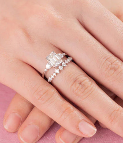 2CT Emerald Cut Luxury Moissanite Silver Ring Set