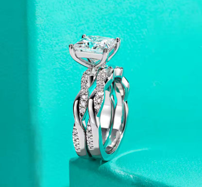 3CT Moissanite Princess Cut Silver Engagement Ring Set