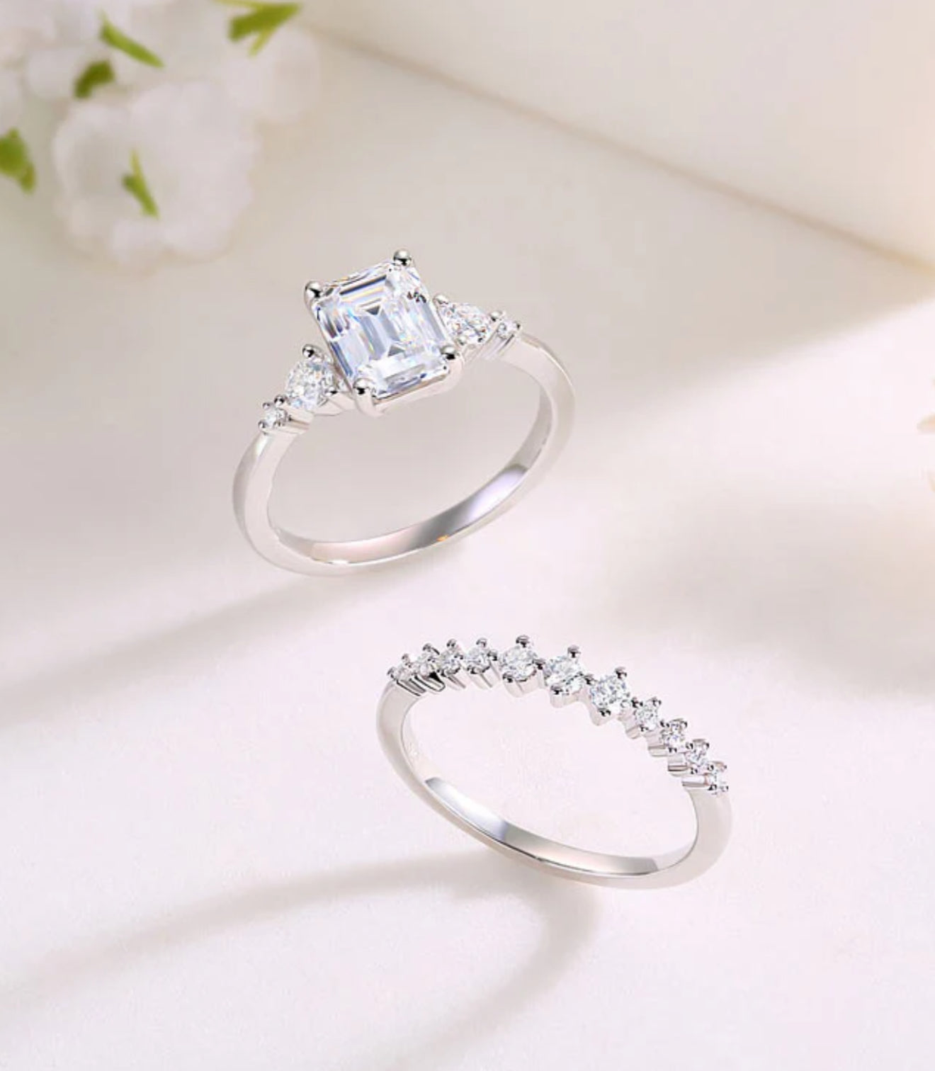 2CT Emerald Cut Luxury Moissanite Silver Ring Set