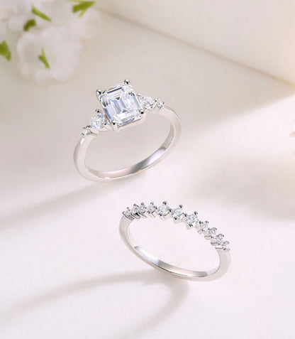 2CT Emerald Cut Luxury Moissanite Silver Ring Set