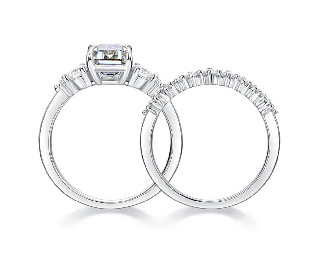 2CT Emerald Cut Luxury Moissanite Silver Ring Set