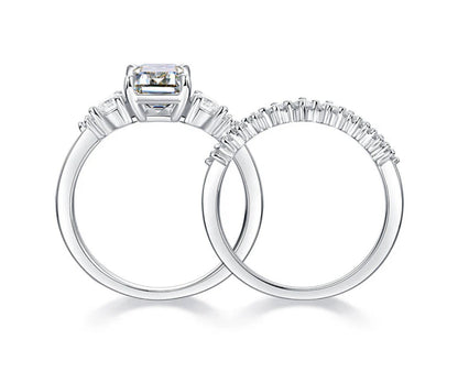 2CT Emerald Cut Luxury Moissanite Silver Ring Set