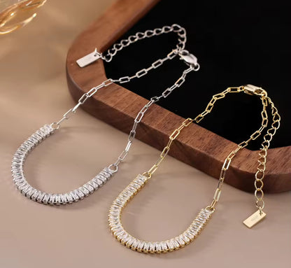 Paperclip Tennis Chain Emerald Cut Womens Bracelet Gold / Silver