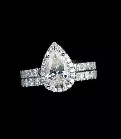 3CT Moissanite Pear Cut Silver Engagement Ring Set