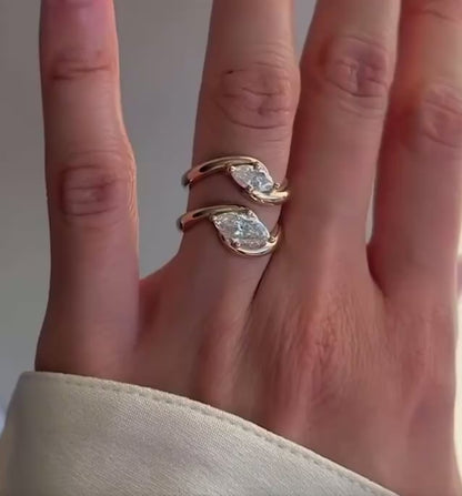 Marquise Cut Womens Unique Twist Band Engagement Ring Gold / Silver