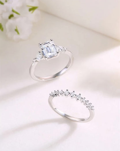2CT Emerald Cut Luxury Moissanite Silver Ring Set