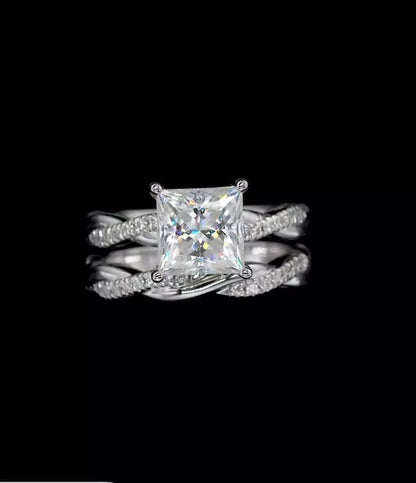 3CT Moissanite Princess Cut Silver Engagement Ring Set
